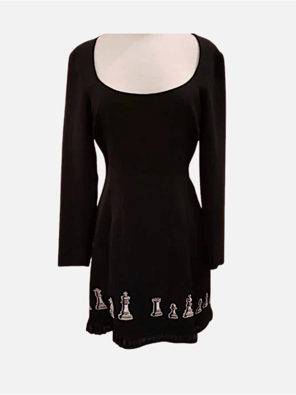Vintage 90s Nicole Miller Little Black Dress Chess Embroidery size 10 Goth Y2K